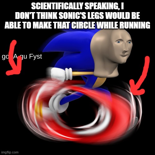 sCiEnTifIcAlLy SpEaKiNg, | SCIENTIFICALLY SPEAKING, I DON'T THINK SONIC'S LEGS WOULD BE ABLE TO MAKE THAT CIRCLE WHILE RUNNING | image tagged in got a gu fyst | made w/ Imgflip meme maker