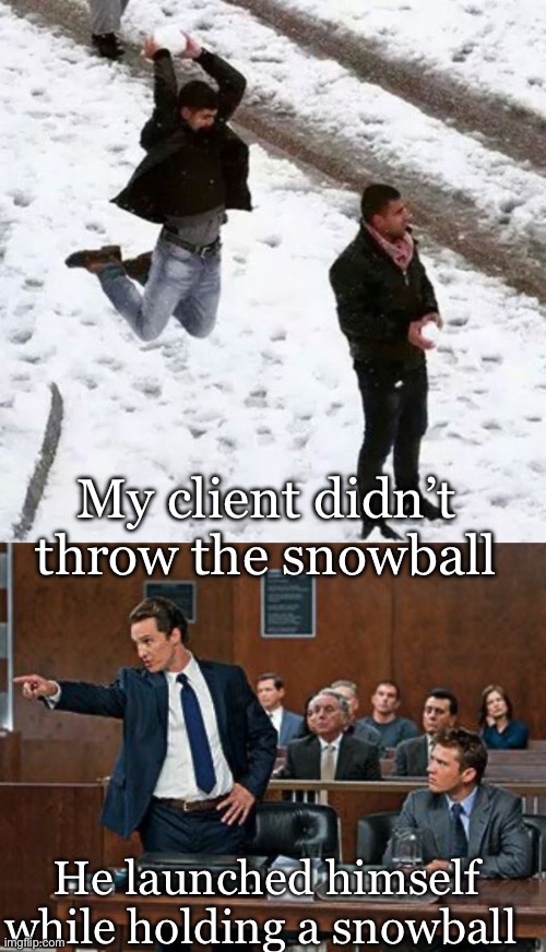 Best defence | My client didn’t throw the snowball He launched himself while holding a snowball | image tagged in snowball attack,lawyer,colorado | made w/ Imgflip meme maker