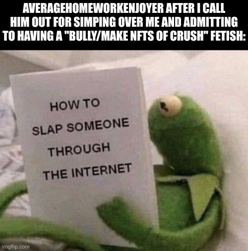 Kermit How to slap someone through the internet | AVERAGEHOMEWORKENJOYER AFTER I CALL HIM OUT FOR SIMPING OVER ME AND ADMITTING TO HAVING A "BULLY/MAKE NFTS OF CRUSH" FETISH: | image tagged in kermit how to slap someone through the internet | made w/ Imgflip meme maker