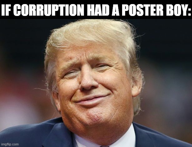 Ask a Trump supporter to define "corruption". Then ask if their own standard applies to the politicians they support. | IF CORRUPTION HAD A POSTER BOY: | image tagged in smug trump,corruption,government corruption,trump supporters,double standards,hypocrisy | made w/ Imgflip meme maker