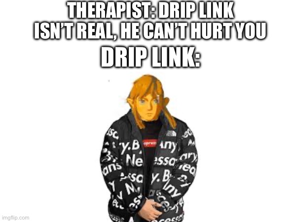 *Vine boom* | THERAPIST: DRIP LINK ISN’T REAL, HE CAN’T HURT YOU; DRIP LINK: | image tagged in link,drip,memes,funny | made w/ Imgflip meme maker