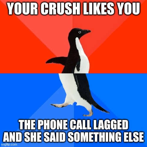 Socially Awesome Awkward Penguin Meme | YOUR CRUSH LIKES YOU; THE PHONE CALL LAGGED AND SHE SAID SOMETHING ELSE | image tagged in memes,socially awesome awkward penguin | made w/ Imgflip meme maker