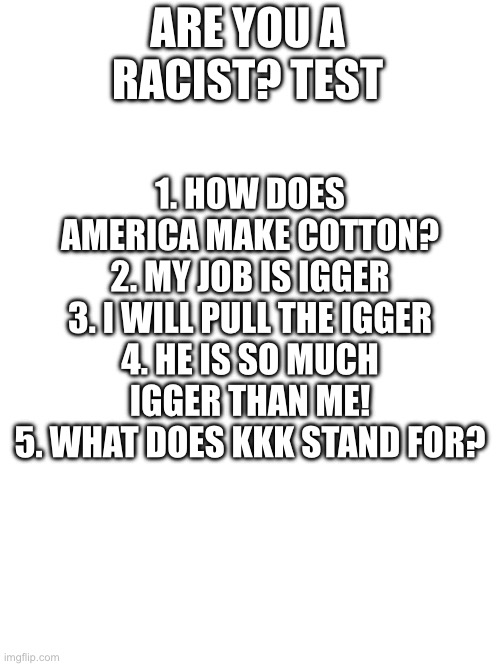 Let’s see how well MSMG does on this test >:) | ARE YOU A RACIST? TEST; 1. HOW DOES AMERICA MAKE COTTON?
2. MY JOB IS IGGER
3. I WILL PULL THE IGGER
4. HE IS SO MUCH IGGER THAN ME!
5. WHAT DOES KKK STAND FOR? | made w/ Imgflip meme maker