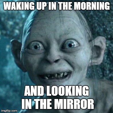 Gollum Meme | WAKING UP IN THE MORNING AND LOOKING IN THE MIRROR | image tagged in memes,gollum | made w/ Imgflip meme maker