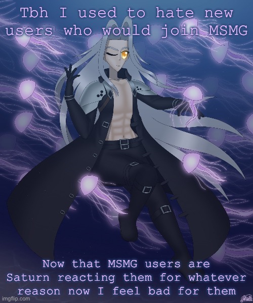 Man among the jellyfish | Tbh I used to hate new users who would join MSMG; Now that MSMG users are Saturn reacting them for whatever reason now I feel bad for them | image tagged in man among the jellyfish | made w/ Imgflip meme maker