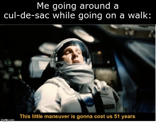 This Little Manuever is Gonna Cost us 51 Years | Me going around a cul-de-sac while going on a walk: | image tagged in this little manuever is gonna cost us 51 years | made w/ Imgflip meme maker