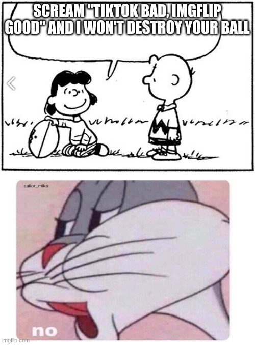 Tiktok is bad though | SCREAM "TIKTOK BAD, IMGFLIP GOOD" AND I WON'T DESTROY YOUR BALL | image tagged in charlie brown football,tiktok sucks | made w/ Imgflip meme maker