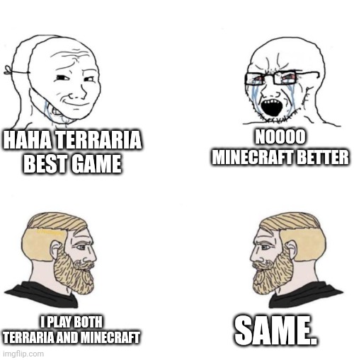 Chad we know | HAHA TERRARIA BEST GAME NOOOO MINECRAFT BETTER I PLAY BOTH TERRARIA AND MINECRAFT SAME. | image tagged in chad we know | made w/ Imgflip meme maker