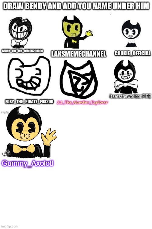 Behold my lil Bendy doodle | Gummy_Axolotl | image tagged in drawing,bendy and the ink machine,batim,repost,art | made w/ Imgflip meme maker