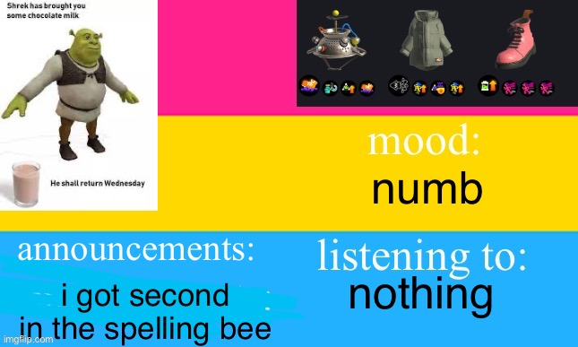 ahhhh | numb; announcements:; nothing; i got second in the spelling bee | image tagged in whatinthegay s announcement template,e,spelling bee | made w/ Imgflip meme maker