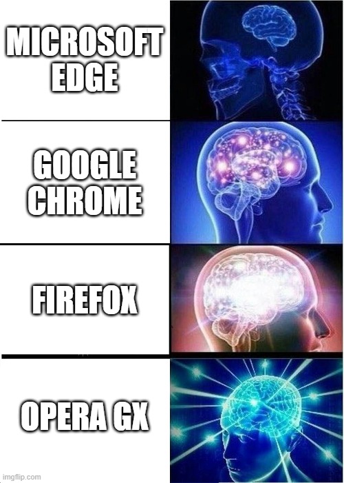 Expanding Brain | MICROSOFT EDGE; GOOGLE CHROME; FIREFOX; OPERA GX | image tagged in memes,expanding brain | made w/ Imgflip meme maker