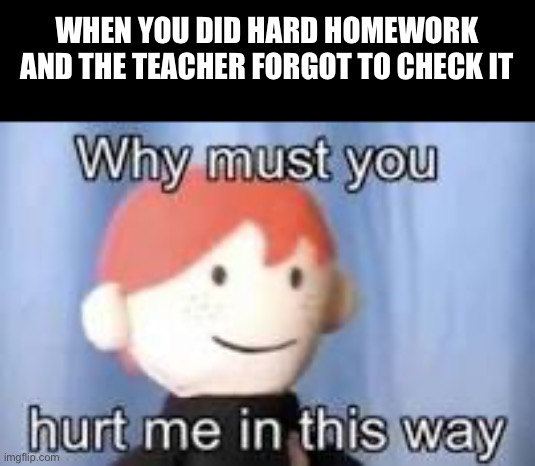 All that work for nothing | WHEN YOU DID HARD HOMEWORK AND THE TEACHER FORGOT TO CHECK IT | image tagged in why must you hurt me in this way | made w/ Imgflip meme maker