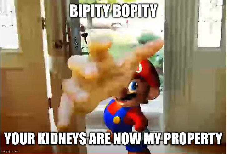 Mario Stealing Your Liver | BIPITY BOPITY; YOUR KIDNEYS ARE NOW MY PROPERTY | image tagged in mario stealing your liver | made w/ Imgflip meme maker