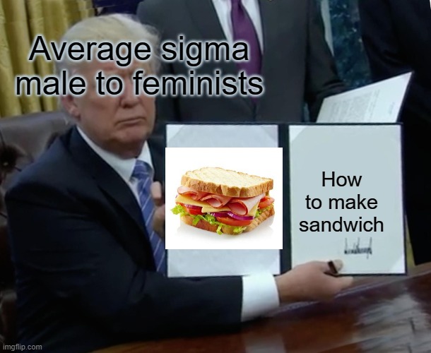 Feminist "supporting" joke |  Average sigma male to feminists; How to make sandwich | image tagged in memes,trump bill signing | made w/ Imgflip meme maker