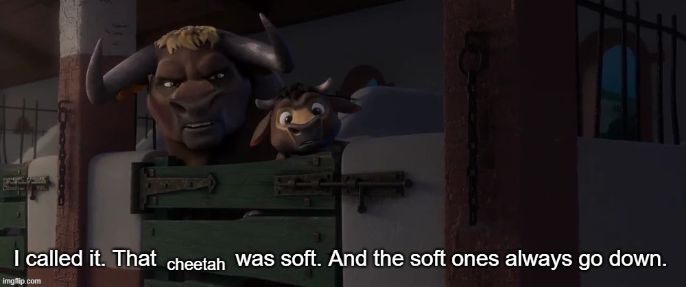 I called it. That X was soft. And the soft ones always go down. | cheetah | image tagged in i called it that x was soft and the soft ones always go down | made w/ Imgflip meme maker