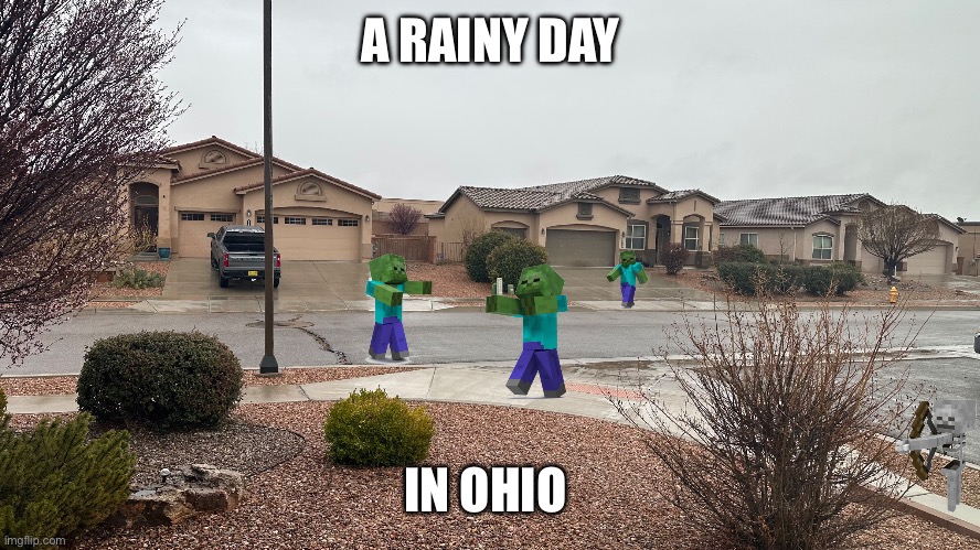 Sunlight burns up the monsters | A RAINY DAY; IN OHIO | image tagged in ohio | made w/ Imgflip meme maker