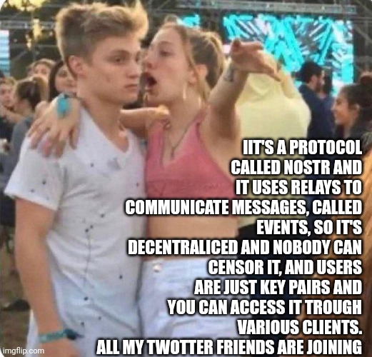 Girlspaining | IIT'S A PROTOCOL CALLED NOSTR AND IT USES RELAYS TO COMMUNICATE MESSAGES, CALLED EVENTS, SO IT'S DECENTRALICED AND NOBODY CAN CENSOR IT, AND USERS ARE JUST KEY PAIRS AND YOU CAN ACCESS IT TROUGH VARIOUS CLIENTS. ALL MY TWOTTER FRIENDS ARE JOINING | image tagged in girlspaining | made w/ Imgflip meme maker