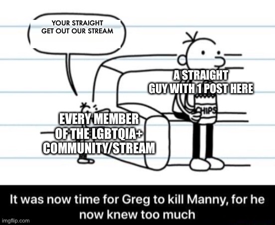 fr fr fr for some | YOUR STRAIGHT GET OUT OUR STREAM; A STRAIGHT GUY WITH 1 POST HERE; EVERY MEMBER OF THE LGBTQIA+ COMMUNITY/STREAM | image tagged in it was now time for greg to kill manny for he now knew too much | made w/ Imgflip meme maker