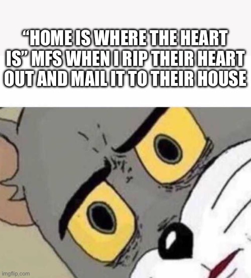 L | “HOME IS WHERE THE HEART IS” MFS WHEN I RIP THEIR HEART OUT AND MAIL IT TO THEIR HOUSE | image tagged in tom cat unsettled close up | made w/ Imgflip meme maker