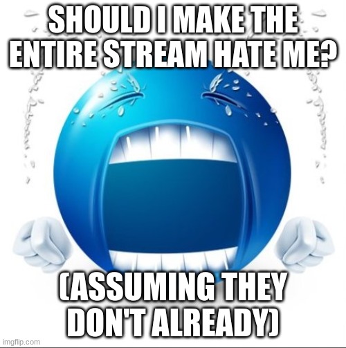 :0 (Hecate: Believe me, we don't. Whatever you did, it isn't as bad as what controversial users say) | SHOULD I MAKE THE ENTIRE STREAM HATE ME? (ASSUMING THEY DON'T ALREADY) | image tagged in crying blue guy | made w/ Imgflip meme maker