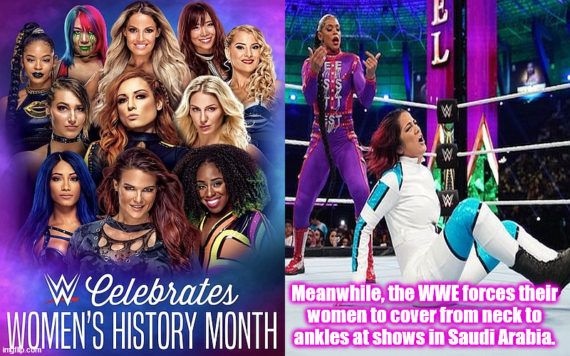 WWE Women | Meanwhile, the WWE forces their
women to cover from neck to
ankles at shows in Saudi Arabia. | image tagged in wwe,women's history,saudi | made w/ Imgflip meme maker