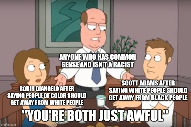Both Scott Adams and Robin DiAngelo spew racist garbage | ANYONE WHO HAS COMMON SENSE AND ISN'T A RACIST; SCOTT ADAMS AFTER SAYING WHITE PEOPLE SHOULD GET AWAY FROM BLACK PEOPLE; ROBIN DIANGELO AFTER SAYING PEOPLE OF COLOR SHOULD GET AWAY FROM WHITE PEOPLE; "YOU'RE BOTH JUST AWFUL" | image tagged in you're both just awful,liberal logic,conservative logic,racism,critical race theory | made w/ Imgflip meme maker