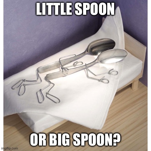 Is this the correct stream? I love spooning, even without sexual stuff. Comment below. | LITTLE SPOON; OR BIG SPOON? | image tagged in spooning,spoon,comment | made w/ Imgflip meme maker