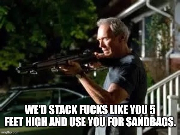 Gran torino rifle | WE'D STACK FUCKS LIKE YOU 5 FEET HIGH AND USE YOU FOR SANDBAGS. | image tagged in gran torino rifle | made w/ Imgflip meme maker