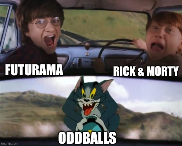 Tom chasing Harry and Ron Weasly | RICK & MORTY; FUTURAMA; ODDBALLS | image tagged in tom chasing harry and ron weasly,theodd1sout,futurama,rick and morty | made w/ Imgflip meme maker