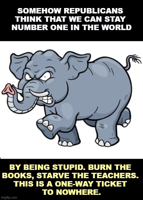 Republicans have no idea what they're doing. | SOMEHOW REPUBLICANS 
THINK THAT WE CAN STAY 
NUMBER ONE IN THE WORLD; BY BEING STUPID. BURN THE 
BOOKS, STARVE THE TEACHERS. 
THIS IS A ONE-WAY TICKET 
TO NOWHERE. | image tagged in republicans,teachers,starvation,burn,books | made w/ Imgflip meme maker