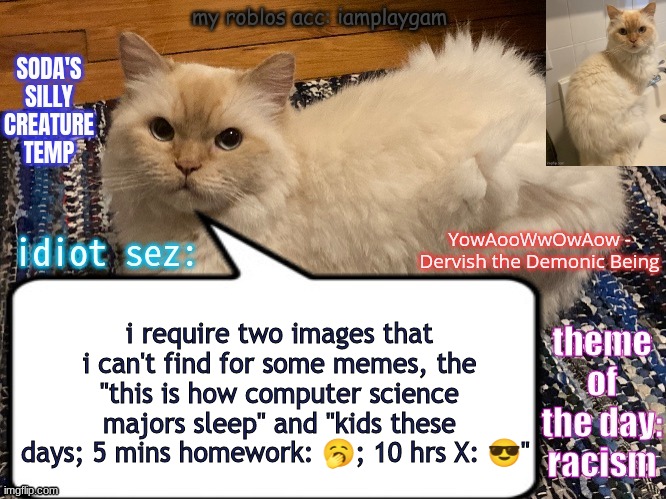 soda's silly creature temp | i require two images that i can't find for some memes, the "this is how computer science majors sleep" and "kids these days; 5 mins homework: 🥱; 10 hrs X: 😎" | image tagged in soda's silly creature temp | made w/ Imgflip meme maker