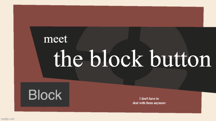 Meet the <Blank> | the block button; meet; I don't have to deal with them anymore | image tagged in meet the blank,frost | made w/ Imgflip meme maker