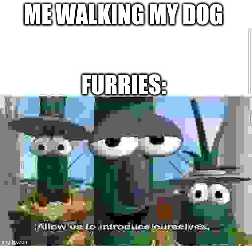 Allow us to introduce ourselves | ME WALKING MY DOG; FURRIES: | image tagged in allow us to introduce ourselves | made w/ Imgflip meme maker