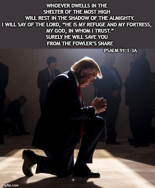 WHOEVER DWELLS IN THE SHELTER OF THE MOST HIGH
    WILL REST IN THE SHADOW OF THE ALMIGHTY.
I WILL SAY OF THE LORD, “HE IS MY REFUGE AND MY FORTRESS,
    MY GOD, IN WHOM I TRUST.”
SURELY HE WILL SAVE YOU
    FROM THE FOWLER’S SNARE; PSALM 91:1-3A | made w/ Imgflip meme maker