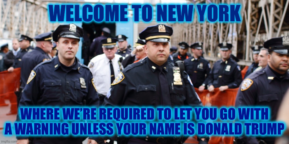 NYPD |  WELCOME TO NEW YORK; WHERE WE’RE REQUIRED TO LET YOU GO WITH A WARNING UNLESS YOUR NAME IS DONALD TRUMP | image tagged in nypd,crime,liberal logic,stupid liberals,libtards | made w/ Imgflip meme maker