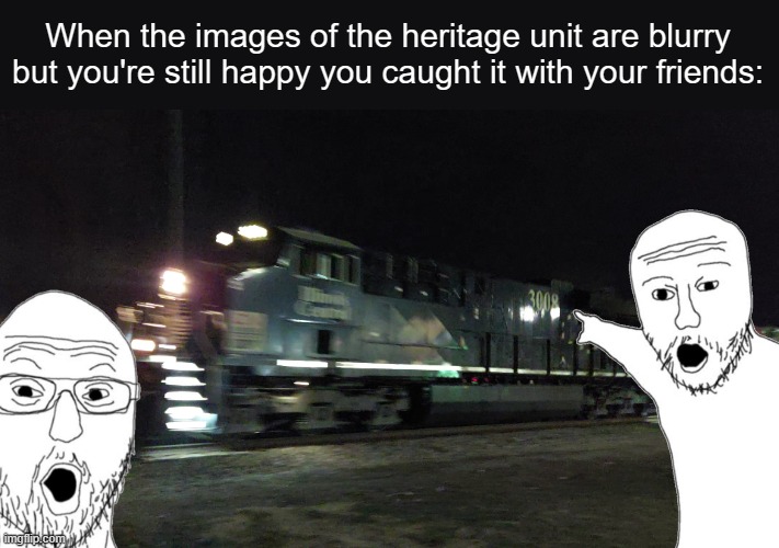 CN 3008, my beloved | When the images of the heritage unit are blurry but you're still happy you caught it with your friends: | image tagged in railfan,foamer,heritage unit,train | made w/ Imgflip meme maker
