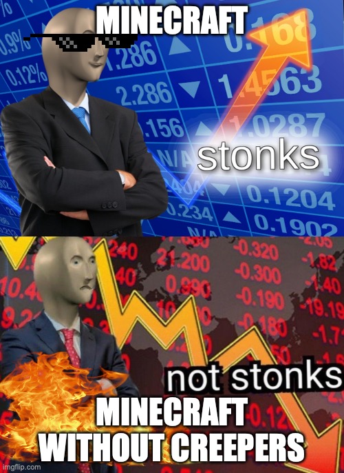 Stonks not stonks | MINECRAFT; MINECRAFT WITHOUT CREEPERS | image tagged in stonks not stonks | made w/ Imgflip meme maker