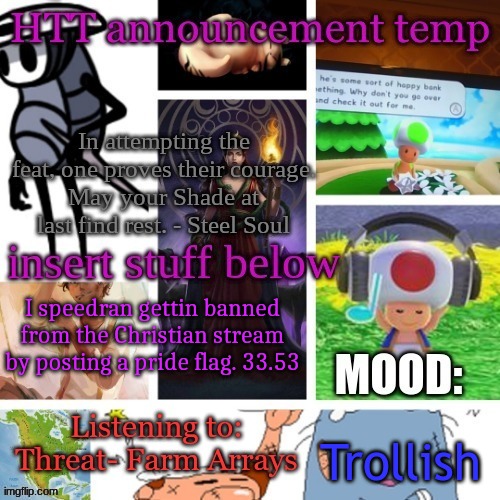 Because speedrunning is fun | I speedran gettin banned from the Christian stream by posting a pride flag. 33.53; Trollish | image tagged in hecate announcement v1 1 | made w/ Imgflip meme maker