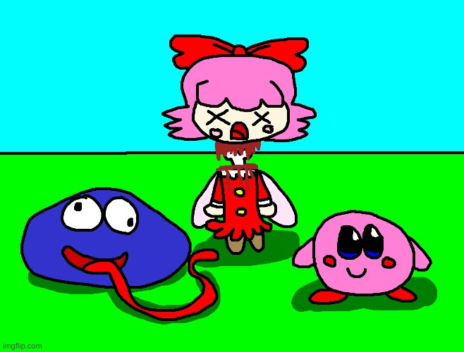 Kirby, Gooey, and Ribbon fanart | image tagged in kirby,gore,blood,fanart,cute,parody | made w/ Imgflip meme maker