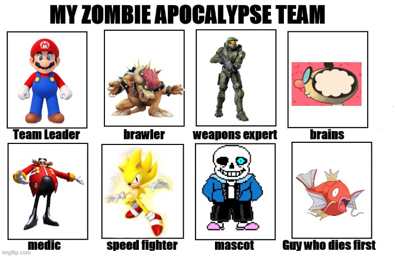 think this is good | image tagged in my zombie apocalypse team,undertale,doom,sonic,super mario bros,pokemon | made w/ Imgflip meme maker