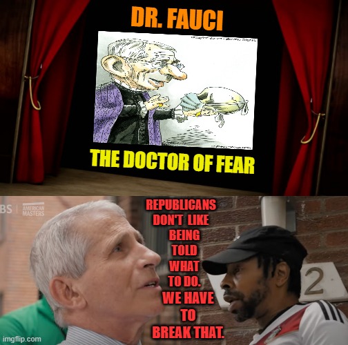 And Now We Present To You... | DR. FAUCI; REPUBLICANS DON'T  LIKE    BEING    TOLD    WHAT    TO DO. THE DOCTOR OF FEAR; WE HAVE TO BREAK THAT. | image tagged in memes,politics,dr fauci,fear,break,republicans | made w/ Imgflip meme maker