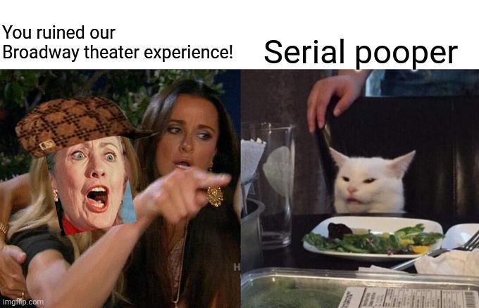 Hillary gets the stinky | You ruined our Broadway theater experience! Serial pooper | image tagged in memes,woman yelling at cat,clinton,the secret ingredient is crime,family life | made w/ Imgflip meme maker