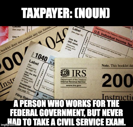 Taxpayer | TAXPAYER: (NOUN); A PERSON WHO WORKS FOR THE FEDERAL GOVERNMENT, BUT NEVER HAD TO TAKE A CIVIL SERVICE EXAM. | image tagged in taxes | made w/ Imgflip meme maker