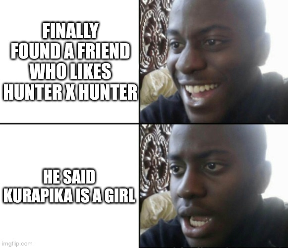 Happy / Shock | FINALLY FOUND A FRIEND WHO LIKES HUNTER X HUNTER; HE SAID KURAPIKA IS A GIRL | image tagged in happy / shock | made w/ Imgflip meme maker