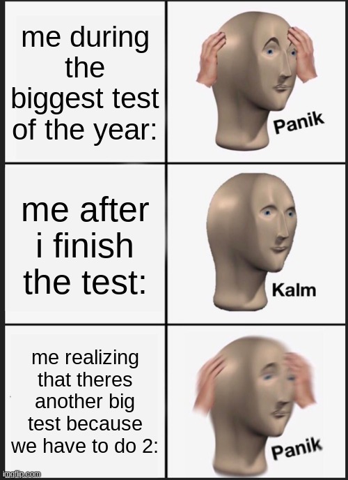 ahhh..... | me during the biggest test of the year:; me after i finish the test:; me realizing that theres another big test because we have to do 2: | image tagged in memes,panik kalm panik | made w/ Imgflip meme maker