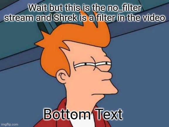 Wait but this is the no_filter stream and Shrek is a filter in the video Bottom Text | image tagged in memes,futurama fry | made w/ Imgflip meme maker