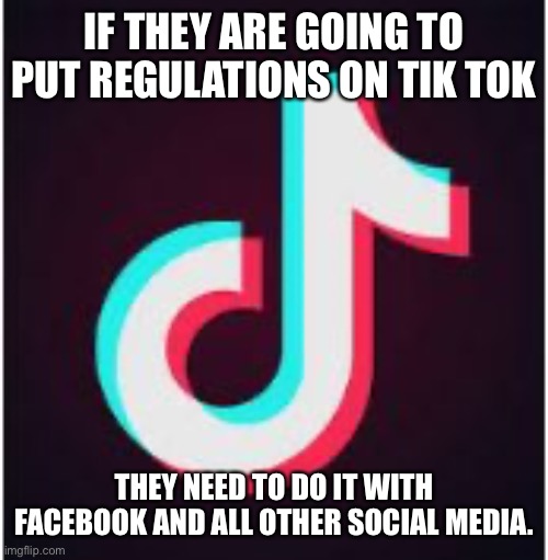 Tik Tok | IF THEY ARE GOING TO PUT REGULATIONS ON TIK TOK; THEY NEED TO DO IT WITH FACEBOOK AND ALL OTHER SOCIAL MEDIA. | image tagged in tik tok | made w/ Imgflip meme maker