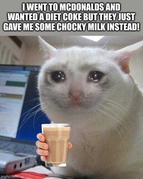 the chocky milk | I WENT TO MCDONALDS AND WANTED A DIET COKE BUT THEY JUST GAVE ME SOME CHOCKY MILK INSTEAD! | image tagged in crying cat,cats,mcdonalds,milk,coke,memes | made w/ Imgflip meme maker