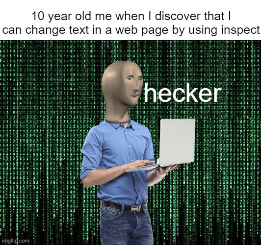 hecker | 10 year old me when I discover that I can change text in a web page by using inspect; hecker | image tagged in hecker,meme man,childhood,stonks | made w/ Imgflip meme maker