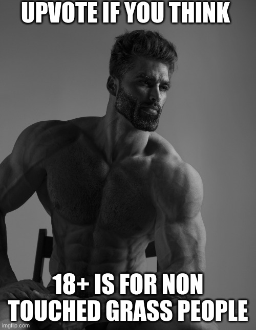 Giga chad | UPVOTE IF YOU THINK; 18+ IS FOR NON TOUCHED GRASS PEOPLE | image tagged in giga chad,upvote if you agree | made w/ Imgflip meme maker